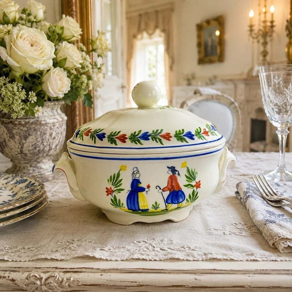 Rare Quimper Style French Château Lidded Serving Dish Covered Hand Painted 9
